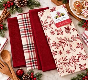 Cynthia Rowley Christmas Kitchen Towels Set of 4 Burgundy Plaid NWT